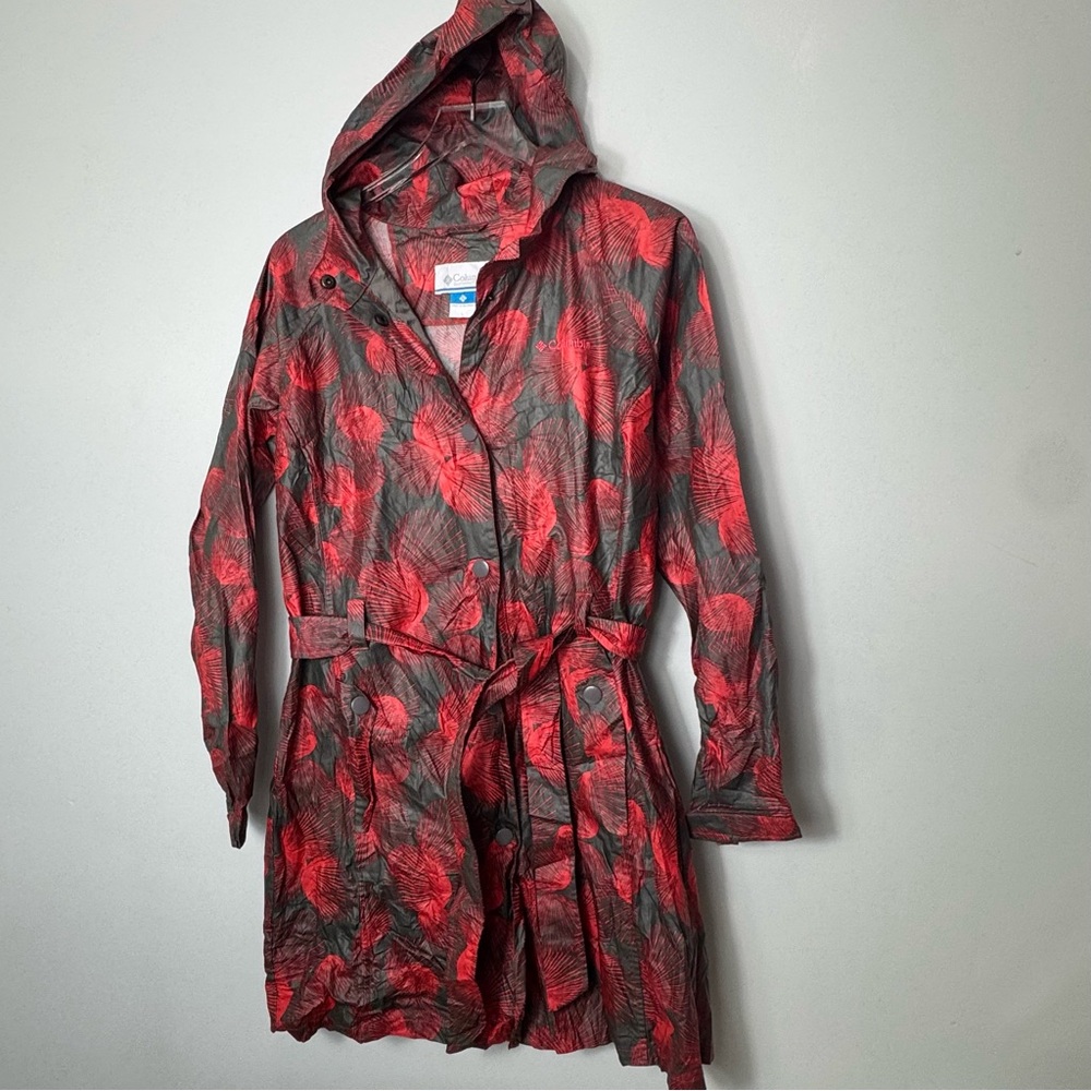 Columbia Long Belted Hooded Size Large Grey Red Print Raincoat Pre Owned